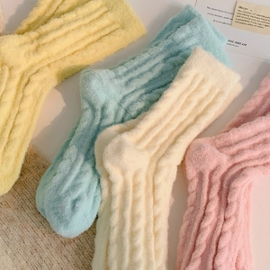 Winter warm velvet crew socks in candy colors with cable knit texture for women