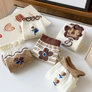 Five-pair set of cute cotton mid-calf socks with floral and plaid patterns in earthy tones