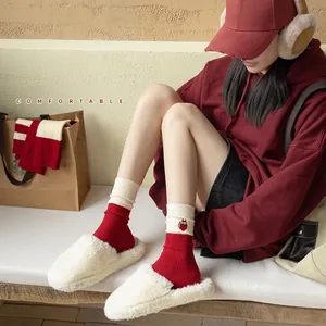 Thick warm red striped cashmere socks with owl embroidery for Chinese New Year