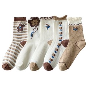 5-pack women's cotton crew socks with floral embroidery and striped patterns in earth tones