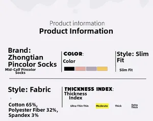 Detailed fabric specification of contrast color socks showing 65% cotton blend material
