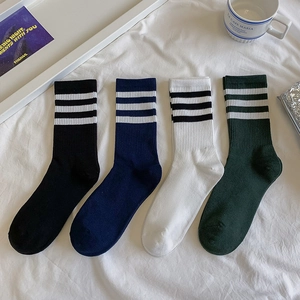 Women Cotton Blend Crew Socks Breathable Sweat Absorbing Striped Ribbed Cuff Japanese College Style Retro Sporty