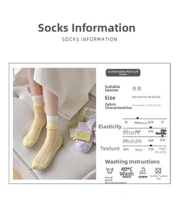 Detail shot of breathable cotton crew socks with vertical texture in soft pastel colors