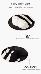 Detail of seamless toe and reinforced heel on black and white striped cotton socks