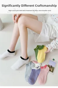 Detail of high-count yarn socks with smile embroidery and colorful ribbed cuffs