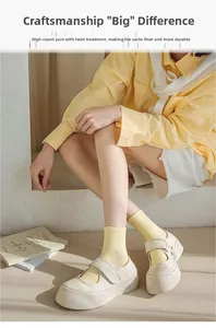 Detail of light yellow ribbed cotton socks with reinforced high-count yarn texture