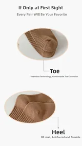 Detail of seamless toe and reinforced heel on brown cotton rabbit embroidery socks