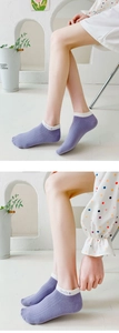 Detail of purple cotton crew socks featuring white contrast cuff and Smile embroidery