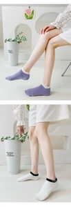 Detail of embroidered smile and heart on purple and white cotton crew socks