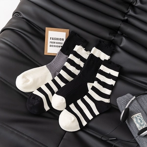 Women Mid-Calf Socks Striped Distressed Cotton Blend Ripped Streetwear Punk Style Harajuku Fashion