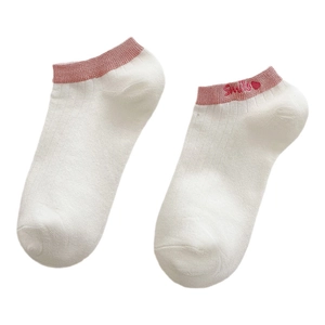 White cotton ankle socks for women with pink ribbed cuffs and red Smile heart embroidery