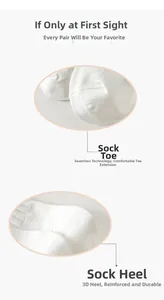 Detail of seamless toe and reinforced heel on white cotton crew socks for women