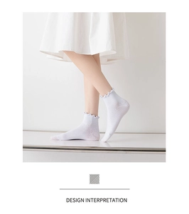 Close-up of white ribbed socks featuring delicate lettuce trim edges and soft cotton fabric