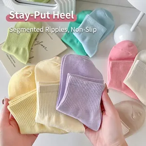 Colorful pastel cotton crew socks set with ribbed cuffs and anti-slip wavy design