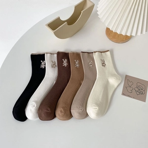 Women Crew Socks Cotton Ribbed Rabbit Embroidery Breathable Contrast Trim Japanese Kawaii Style Cute Casual Hosiery