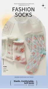 Detail view of breathable mesh socks with tulip embroidery and macaron color tones