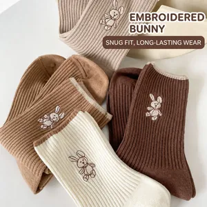 Cute embroidered rabbit cotton mid-calf socks in earthy tones for women
