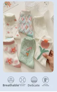 Detail view of breathable tulip mesh socks in pink and mint green with floral patterns