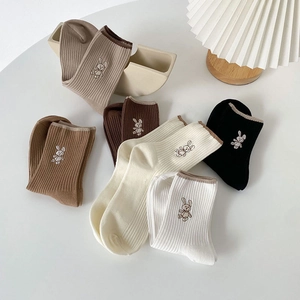 Set of ribbed cotton mid-calf socks with cute rabbit embroidery in multiple colors