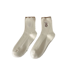Cute bunny embroidery mid-calf socks in cream white ribbed cotton for women