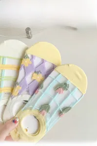 Detail of light pastel mesh invisible socks with floral patterns and non-slip heel design