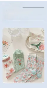 Detail of floral and tulip embroidery on breathable cotton socks with ruffle hem design