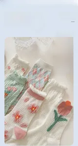 Detail of summer breathable mesh tulip socks with frill edge cuffs and floral patterns