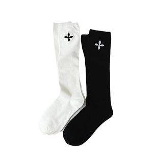 Japanese style calf-high socks with embroidered flowers and vertical knit texture