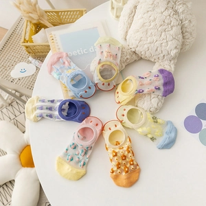 Chaussettes Invisibles Pour Femmes En Maille Fine Respirante À Motifs Floraux Et Souriants En Coton Été