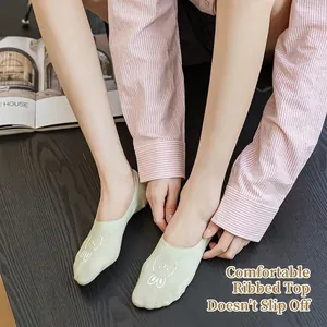 Light green invisible cotton socks with cute white rabbit embroidery for women
