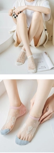 Detailed view of mesh crystal silk invisible socks with floral patterns and lace texture