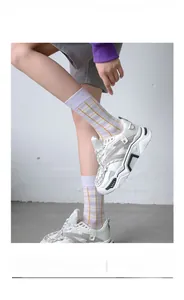 Detail of high-elastic light purple grid socks paired with white chunky sneakers