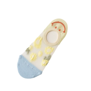Chaussettes invisibles été pour femmes avec imprimé floral jaune et détail smiley mignon