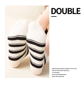 Detail showing breathable cream and black striped cotton ankle socks for summer