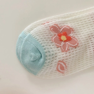 White breathable mesh socks with blue toes and pink tulip floral embroidery