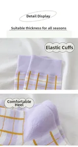 Detail showing purple and white checkered cotton socks with elastic cuffs and comfy heels