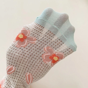 White breathable mesh socks with 3D pink tulip patterns and mint green ribbed cuffs
