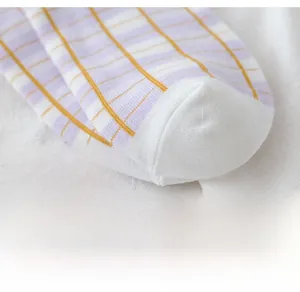 Close-up of high-quality cotton knit toe area with purple and white stripes and yellow grid