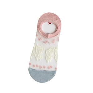 Mesh sheer invisible low cut socks with floral embroidery and non-slip cotton sole