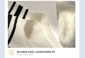 Detail view of reinforced heel and black striped texture on white cotton crew socks