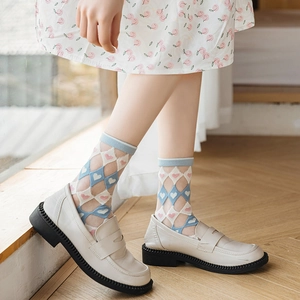 Cute sheer mesh socks with blue argyle and pink hearts paired with platform loafers