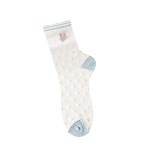 Breathable sheer summer socks with white polka dots and embroidered hearts in light blue