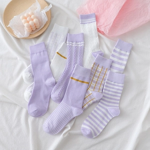 Women Crew Socks Cotton Blend Purple White Striped Plaid Cable Knit Soft Elastic Mid Calf Hosiery Casual College Style