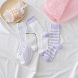Set of four purple and white striped cotton crew socks for women in minimalist style
