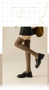 Close-up of dark brown thigh high over-knee socks worn with black platform loafers