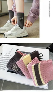 Detail of high-elasticity ribbed knit socks with cute cartoon embroidery accents