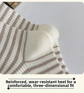 Detail of reinforced heel on cream and brown striped cotton socks with durable knit
