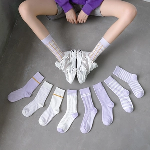 Women's purple striped cotton mid-calf socks set with casual athletic and preppy styles
