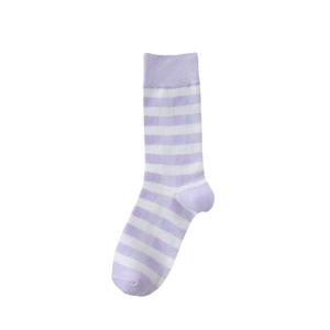 Purple and white striped crew socks with ribbed cuffs shown in a clean flat lay view