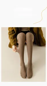 Close-up of dark brown ribbed knit over-knee socks showing texture and elasticity